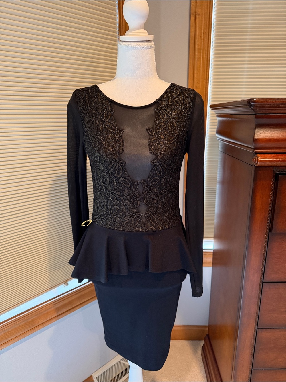 Bebe Black Lace & Gold Peplum Dress